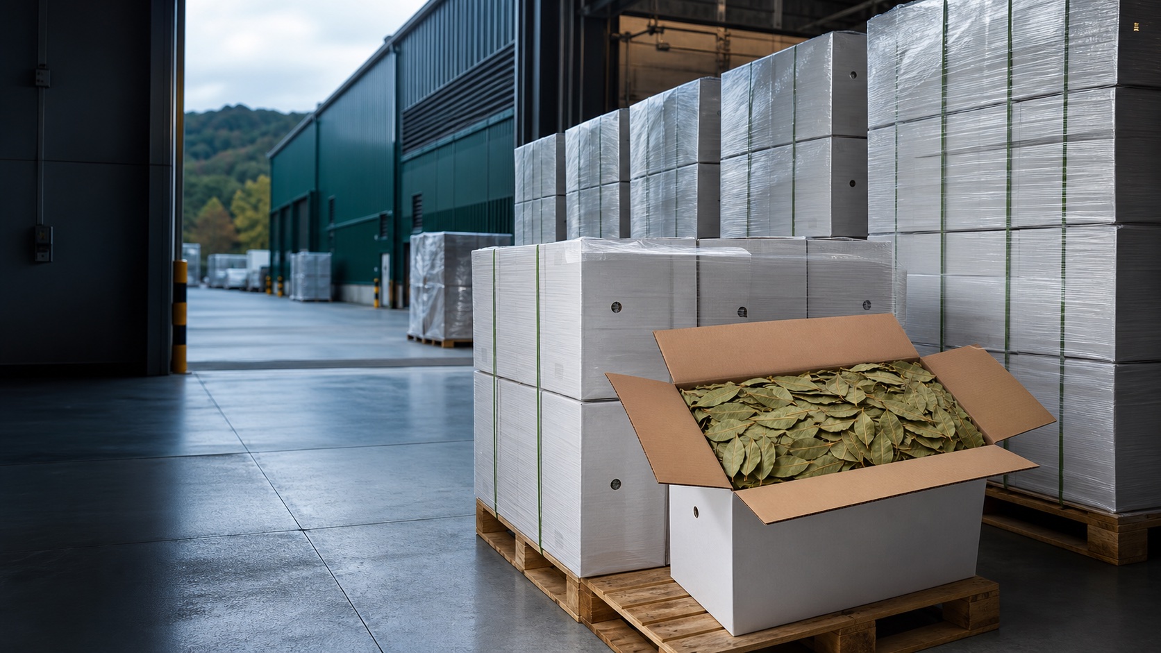 Packaged Black Sea laurel products palletized and ready for export