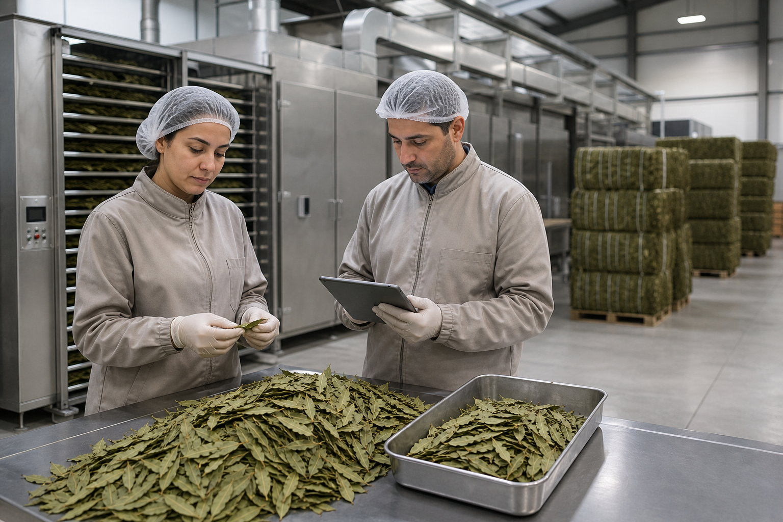TSD Defne specialists checking dried laurel leaves in a modern facility