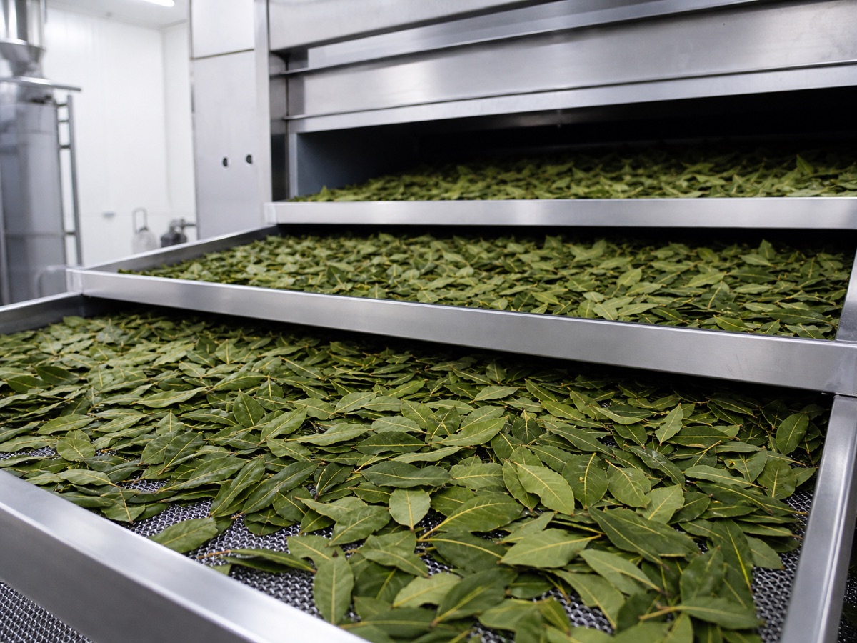 Black Sea laurel leaves in a controlled industrial drying system
