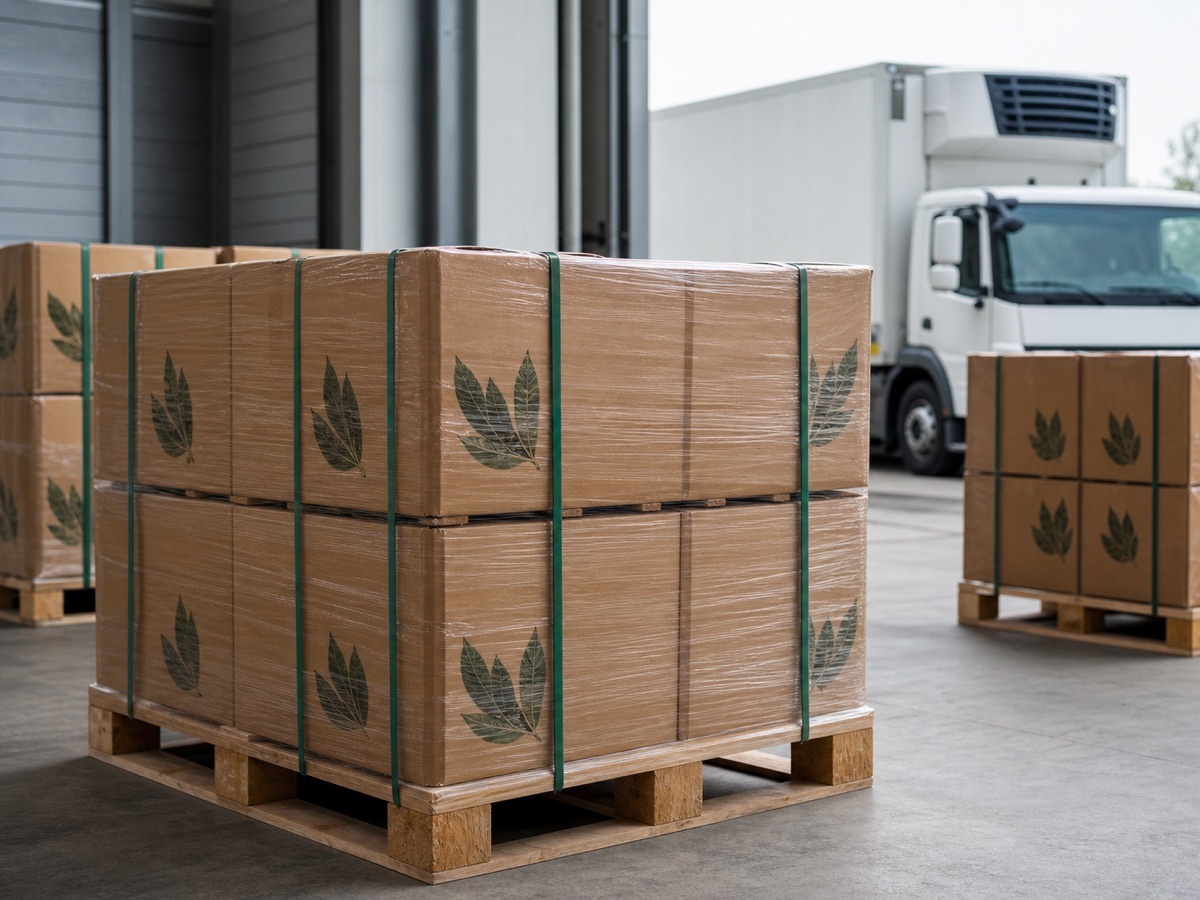 Export-ready cartons of dried laurel leaves on wrapped pallets