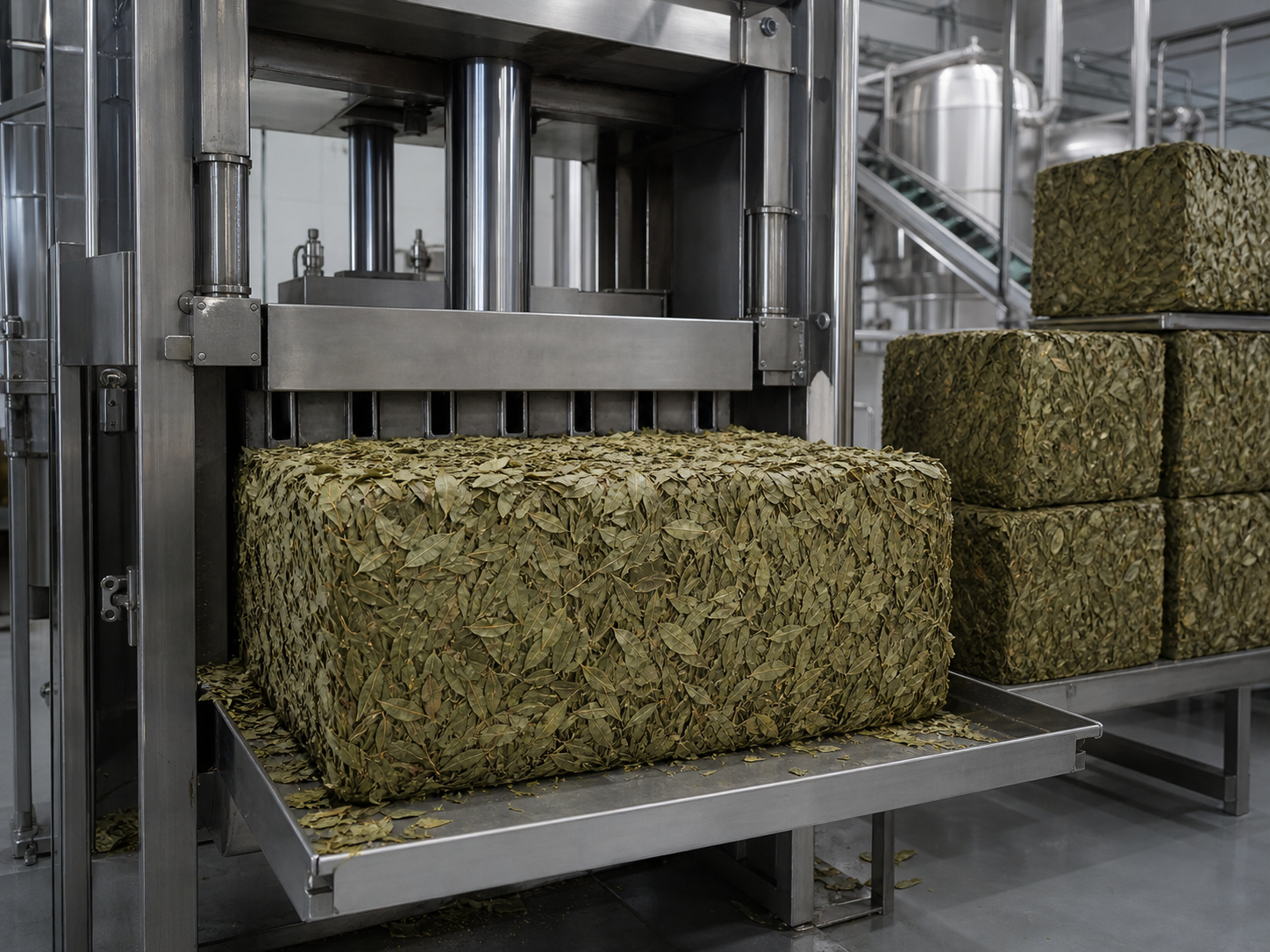 Hydraulic pressing of dried laurel leaves at our facility